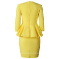 Yellow Bodycon O-neck Half Sleeve Slim Pencil Peplum Lady Casual Dress